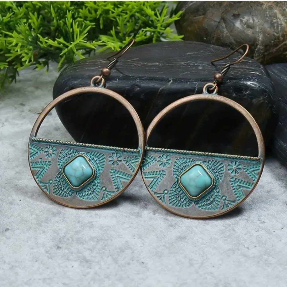 Copper turquoise tribal engraved circle earrings boho ethnic design